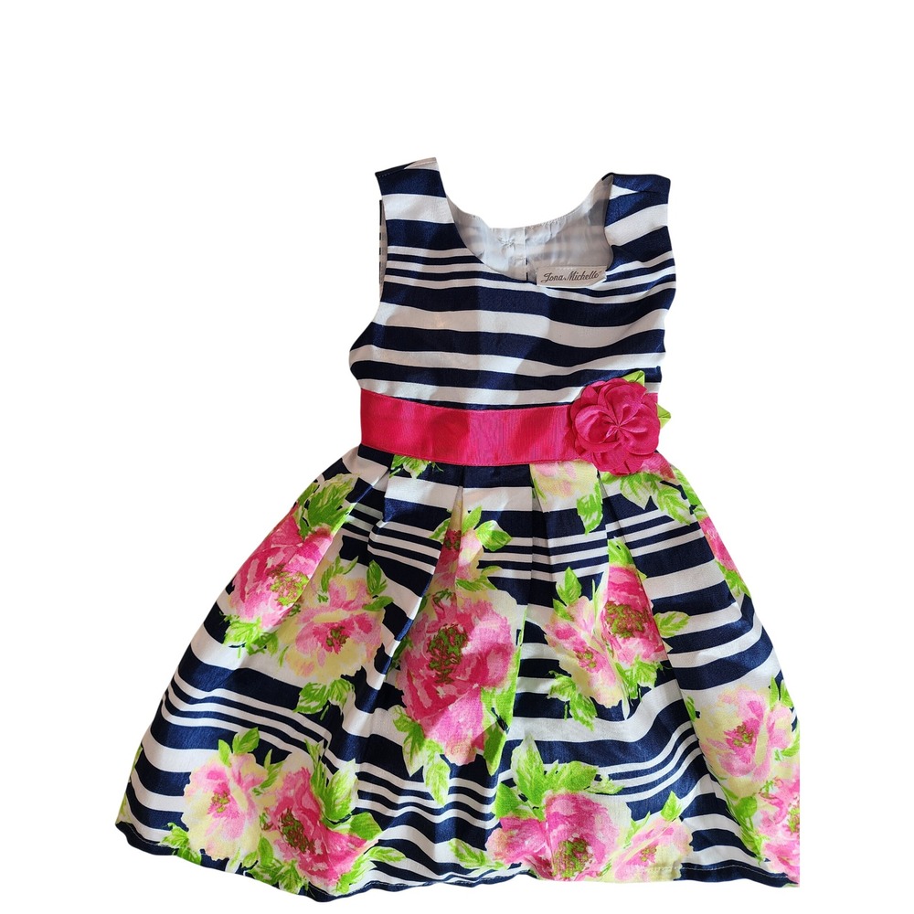 Jona Michelle Toddler Girls Navy Striped Floral Party Dress with Bloomers 24M 2T
